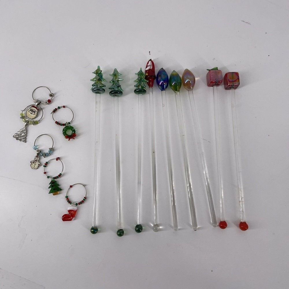 Blown Glass Swizzle Sticks Christmas Holiday Set Of 9 Wine Glass Charms Cocktail